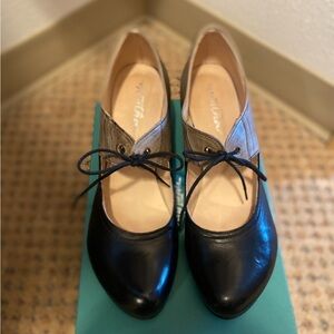 Black and Tan Heels with Glossy Finish and Lace-Up Design